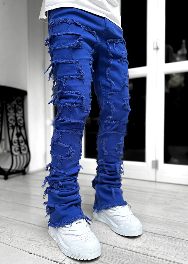 Men's Patched Pants Long Tight Fit Stacked Jeans
