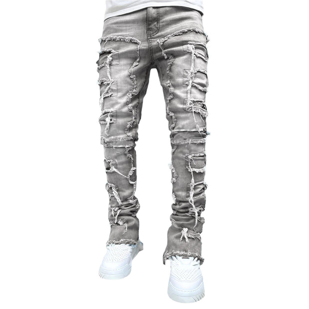 Men's Patched Pants Long Tight Fit Stacked Jeans