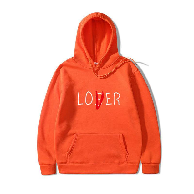 Orange "Lover Style" hoodie with a front pocket and hood, made of