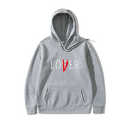 Gray Lover Style Hoodie with red accent, polyester blend, front pocket,