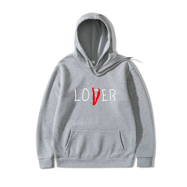 Gray Lover Style Hoodie with red accent, polyester blend, front pocket,