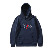 Navy blue lover style hoodie made from 85% polyester, featuring a front pocket and bold lettering design.