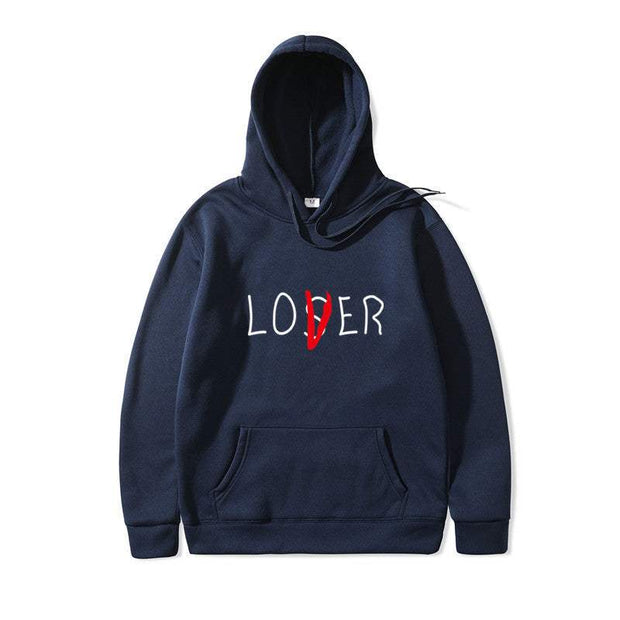 Navy blue lover style hoodie made from 85% polyester, featuring a front pocket and bold lettering design.