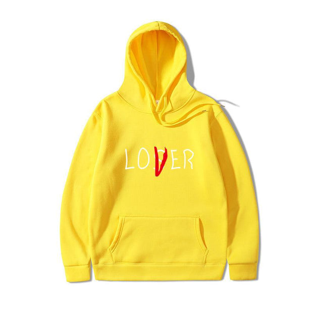 Yellow Lover Style Hoodie with bold red and white text, made of polyester
