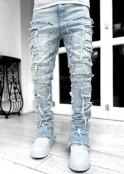 Men's Patched Pants Long Tight Fit Stacked Jeans
