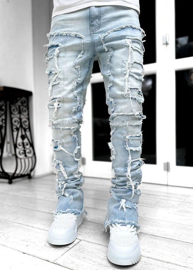 Men's Patched Pants Long Tight Fit Stacked Jeans