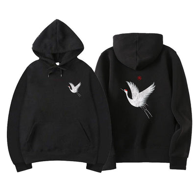 Embroidered white-crane motif Hoodie