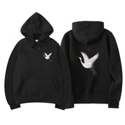 Embroidered white-crane motif Hoodie
