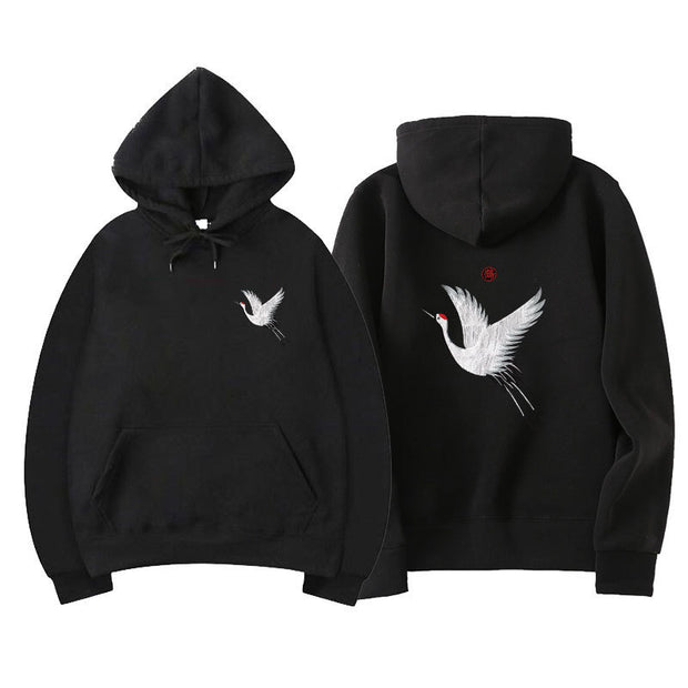 Embroidered white-crane motif Hoodie
