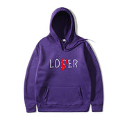 Purple hoodie with "Lover" text design, made from 85% polyester for leisure wear.