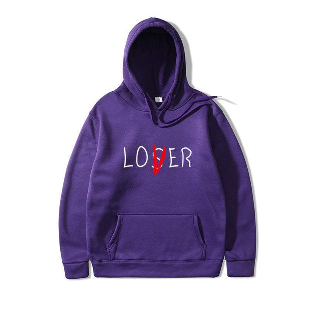 Purple hoodie with "Lover" text design, made from 85% polyester for leisure wear.