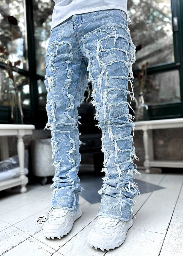 Men's Patched Pants Long Tight Fit Stacked Jeans