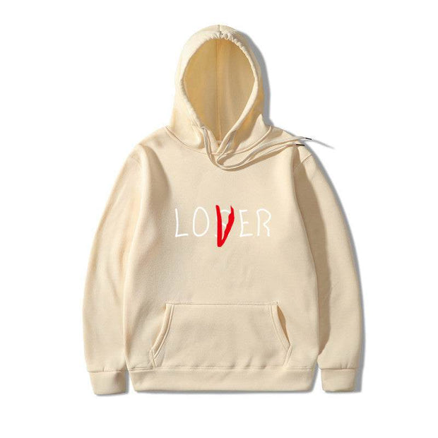 Beige hoodie with "LOVER" print, polyester and cotton