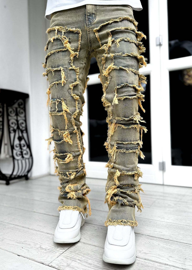 Men's Patched Pants Long Tight Fit Stacked Jeans