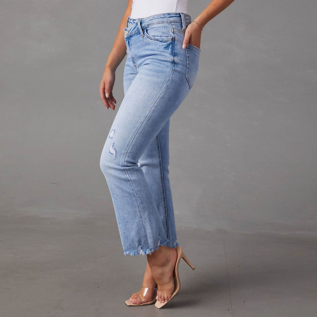 Frayed Hem Straight-Leg Jeans