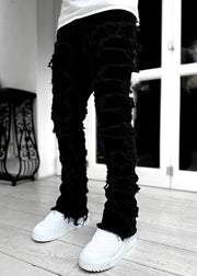 Men's Patched Pants Long Tight Fit Stacked Jeans