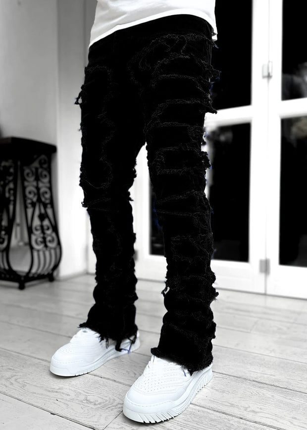 Men's Patched Pants Long Tight Fit Stacked Jeans