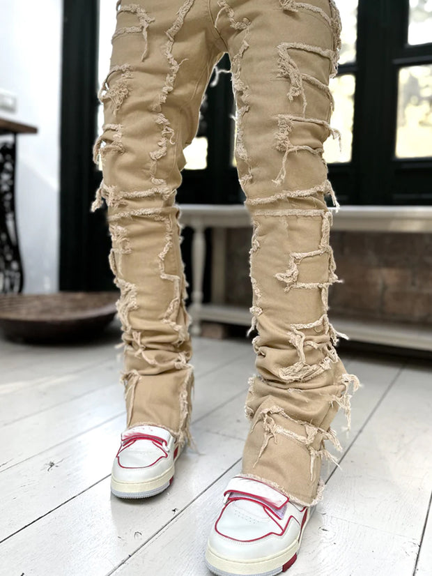 Men's Patched Pants Long Tight Fit Stacked Jeans