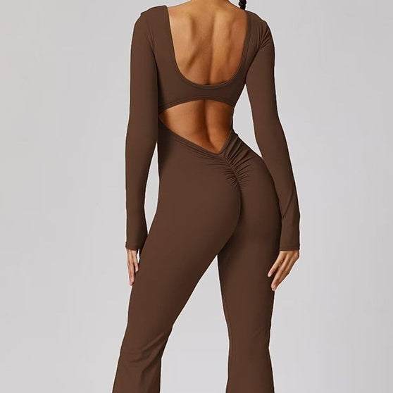 Backless flare jumpsuit in dark brown polyester, long sleeves, high waist,