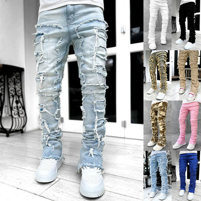Men's Patched Pants Long Tight Fit Stacked Jeans