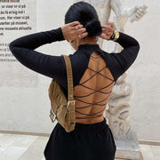 Black lace-up back elegance top, irregular and backless design, street hipster style.