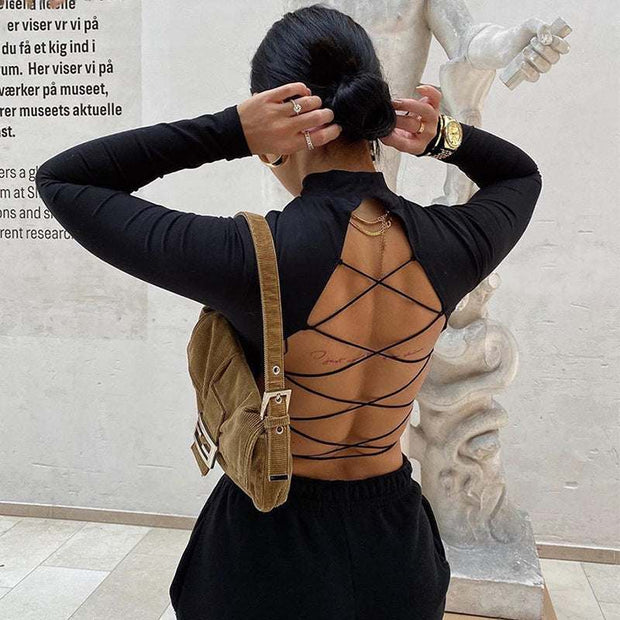 Black lace-up back elegance top, irregular and backless design, street hipster style.