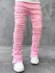 Men's Patched Pants Long Tight Fit Stacked Jeans