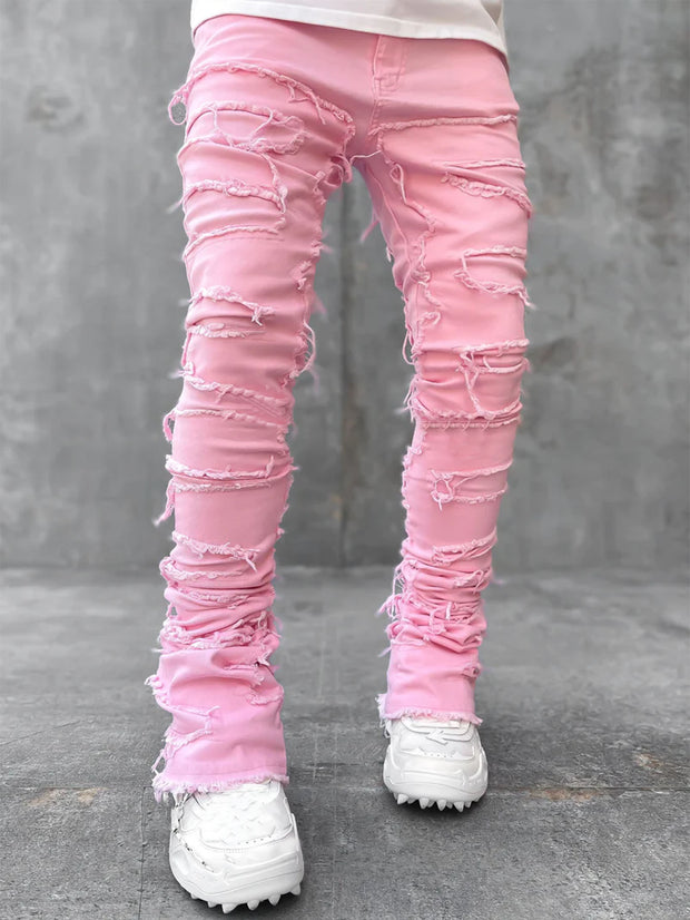 Men's Patched Pants Long Tight Fit Stacked Jeans