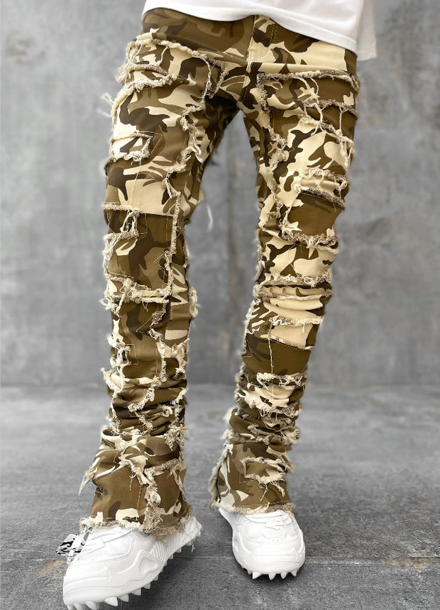 Men's Patched Pants Long Tight Fit Stacked Jeans