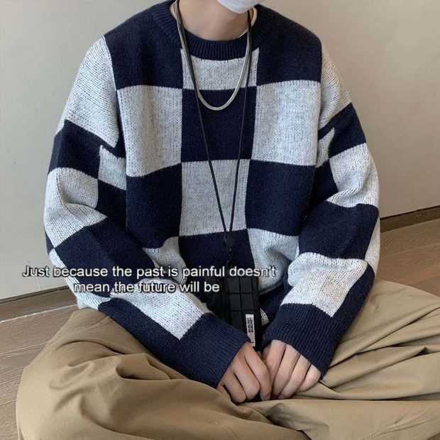 Loose and idle autumn winter thickening cotton knitwear in navy blue checkered