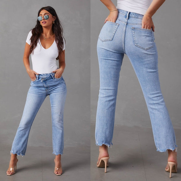 Frayed Hem Straight-Leg Jeans