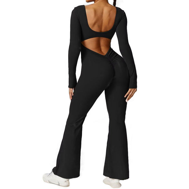 Black backless flare jumpsuit with long sleeves, high waist, and micro elasticity.