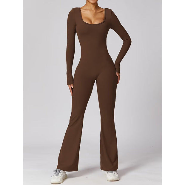 Casual backless flare jumpsuit in dark brown polyester with long sleeves and
