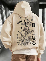 Apricot Tokyo Style Hoodie with bird and floral design on back.