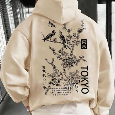 Apricot Tokyo Style Hoodie with bird and floral design on back.