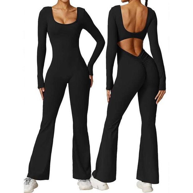 Backless flare jumpsuit in black polyester, features high waist, long sleeves, with chest pad.