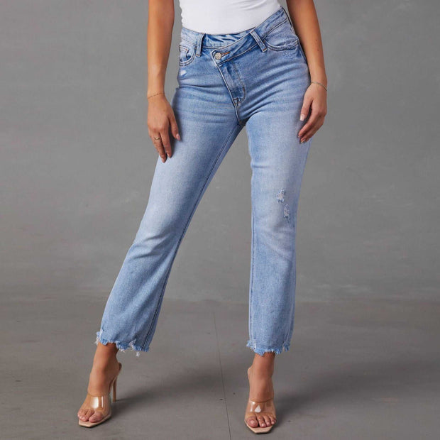 Frayed Hem Straight-Leg Jeans