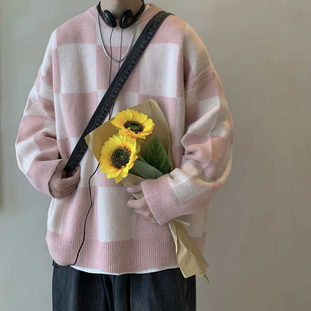 Loose pink cotton knitwear for teenagers, thickened for autumn and winter.