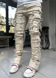 Men's Patched Pants Long Tight Fit Stacked Jeans