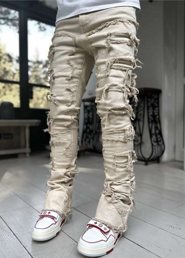 Men's Patched Pants Long Tight Fit Stacked Jeans
