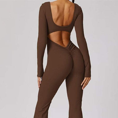 Backless brown flared jumpsuit with long sleeves and high waist design.