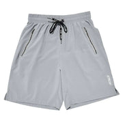 Light gray BUTZ performance training shorts with zip pockets, elastic waistband, and polyester fabric.