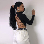 Black lace-up back elegance top, irregular and backless design, street hipster style.