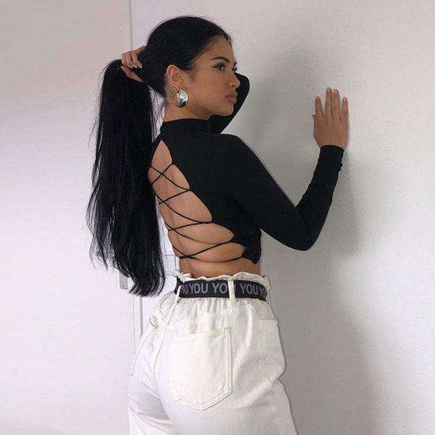 Black lace-up back elegance top, irregular and backless design, street hipster style.