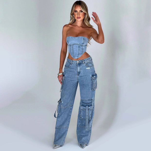 Edgy Denim Cargo Set
