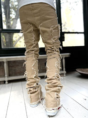 Men's Patched Pants Long Tight Fit Stacked Jeans