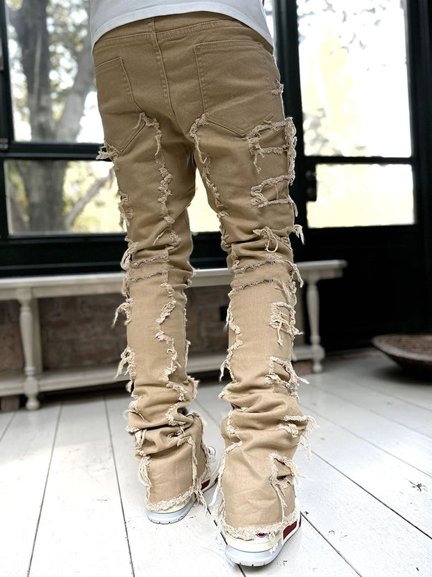 Men's Patched Pants Long Tight Fit Stacked Jeans